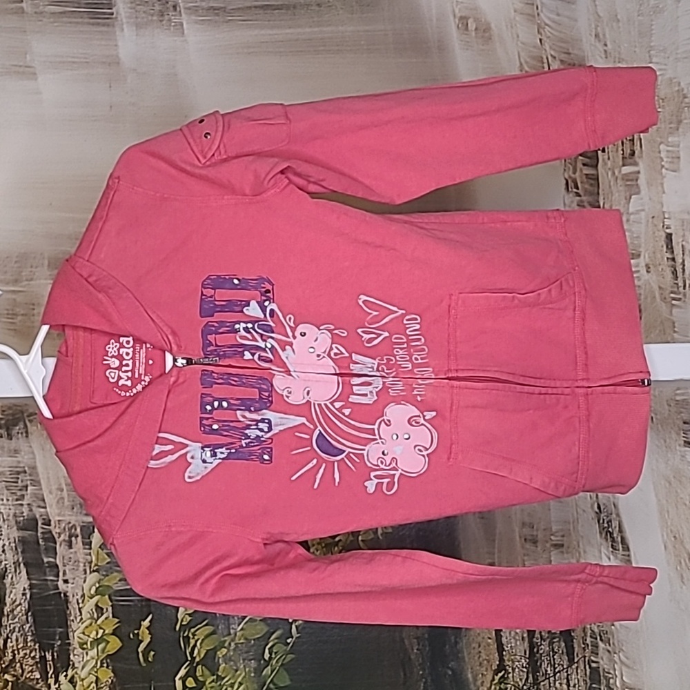 Mudd Girls Medium pink hoodie rainbow hearts sparkly sweatshirt full zip up